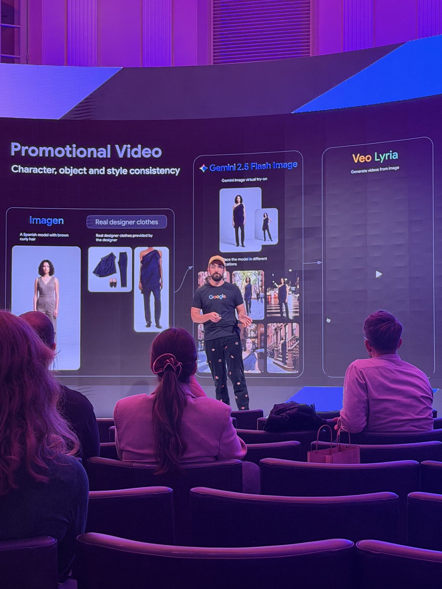 Sobhan Afroosheh from Google presents on stage about Nano Banana, with slides on virtual fashion and video generation. Audience members watch.