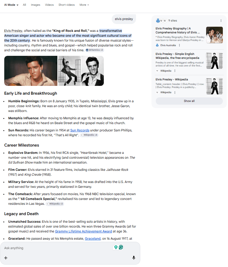 AI Search results and text about Elvis Presley, highlighting his impact on music, career milestones, and his legacy as a cultural icon.