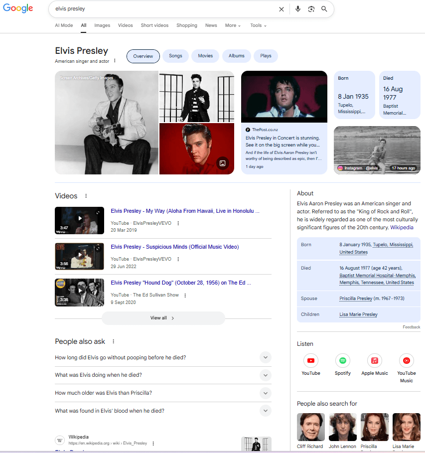 Google search results for Elvis Presley, showing images, videos, biography details, and related questions on the right sidebar.