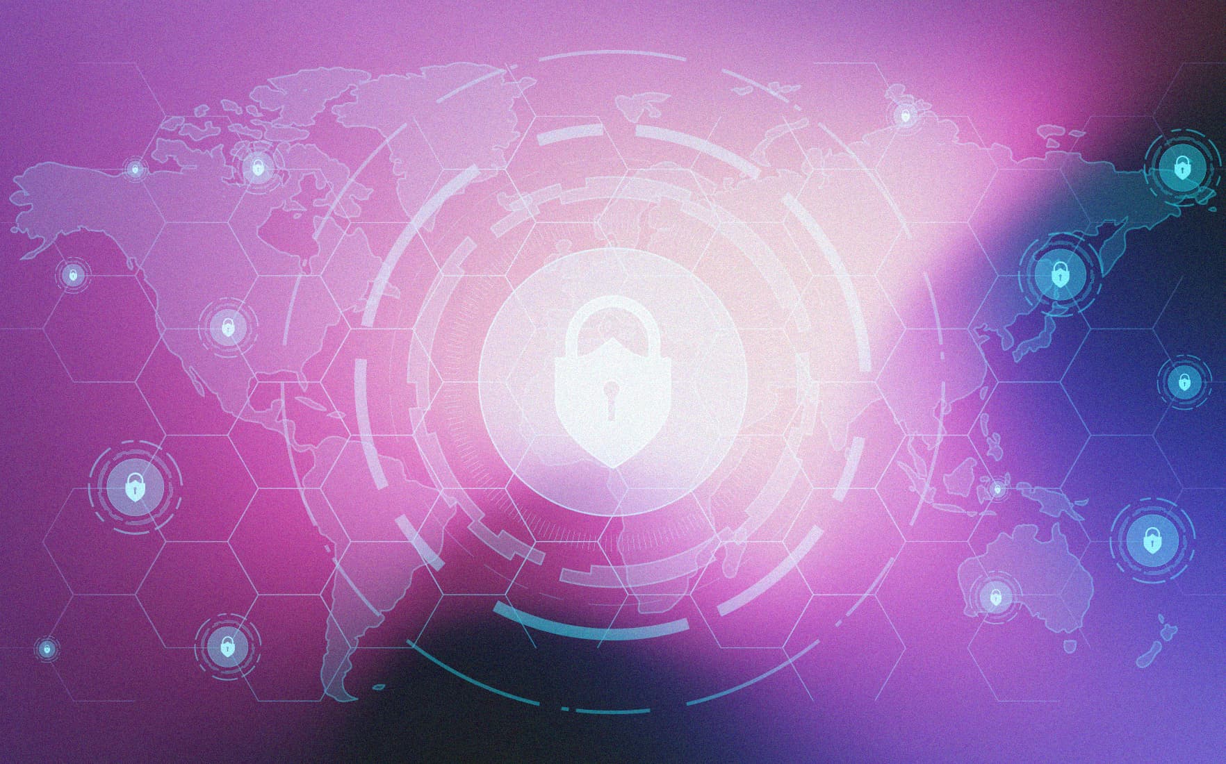 Digital world map with a central lock icon and multiple smaller locks, symbolizing global cybersecurity, on a purple background.